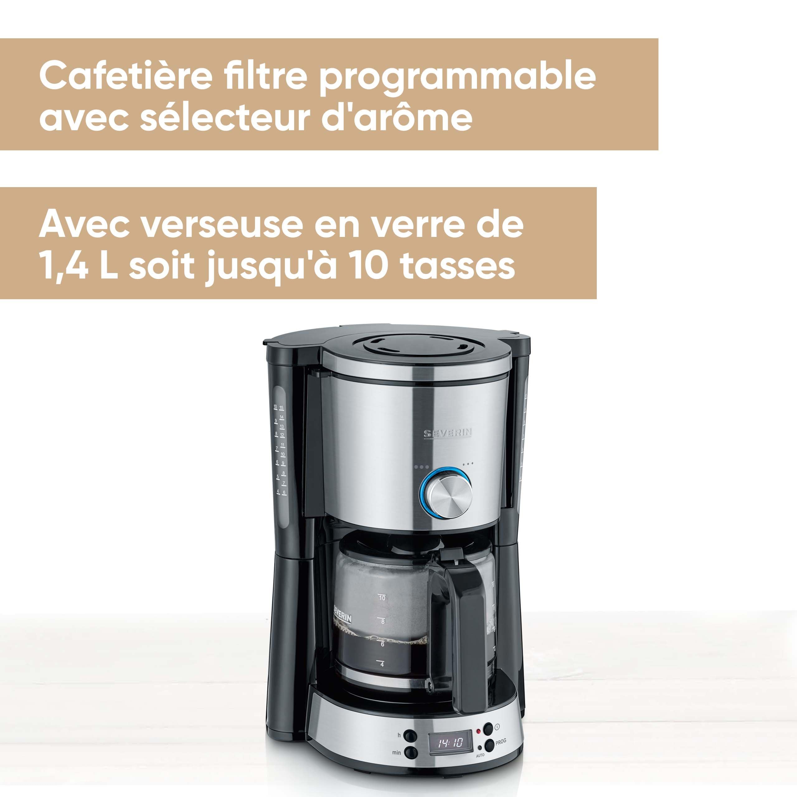 Severin Cafetière Programmable "TYPE Switch", 1000 W, jusqu‘à 10 tasses, AromaSwitch, Sélecteur d'arômes, Noir/Inox, KA 4826