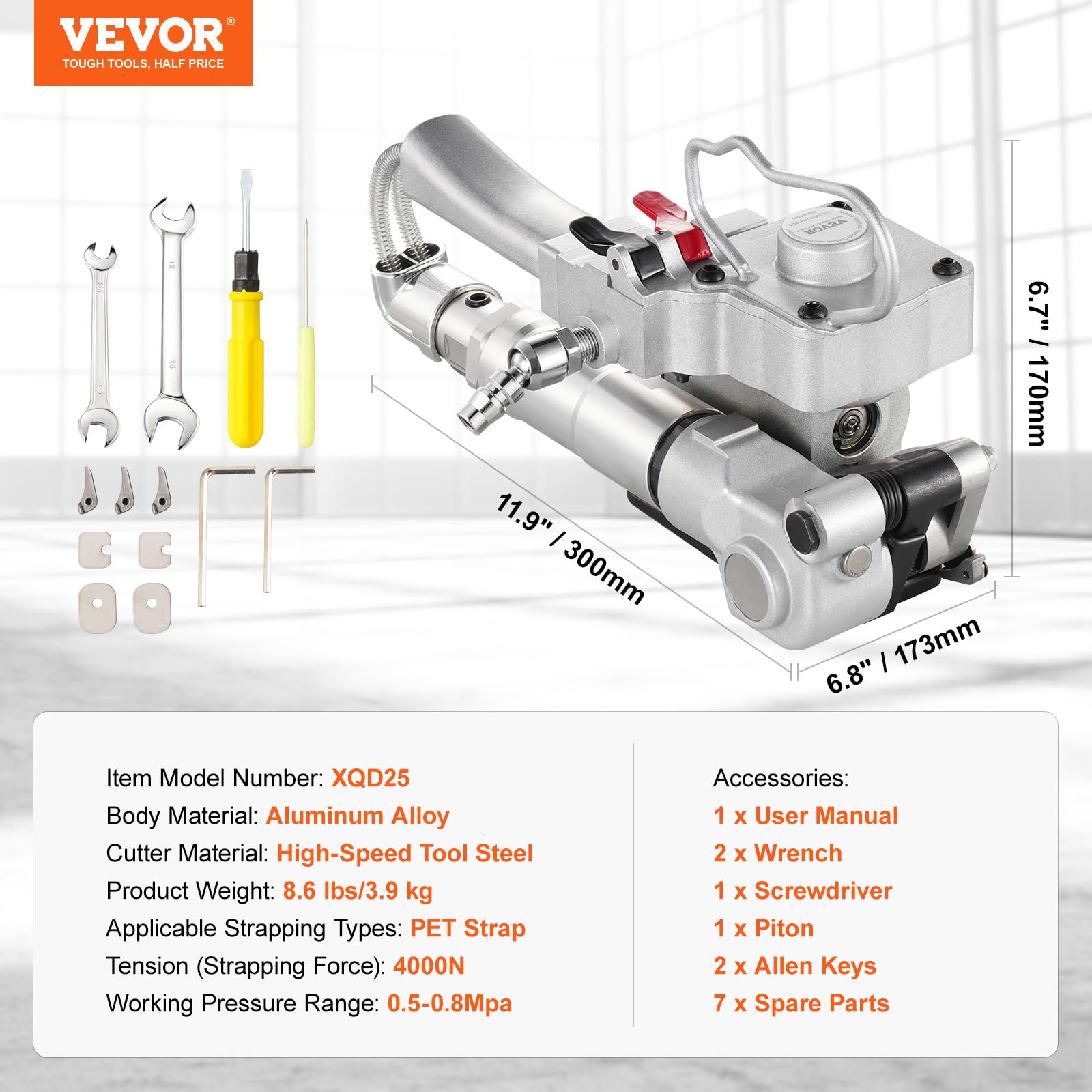 VEVOR Outil de cerclage pneumatique, pour bande en plastique PET de 19 mm à 25 mm de largeur, machine de cerclage d'emballage automatique, avec tension maximale de 4000 N, kit de cerclage portable