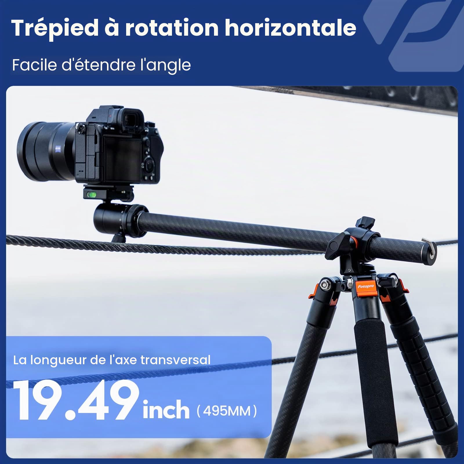 Fotopro Trépied Horizontal en Fibre de Carbone de 184 cm avec tête sphérique à 360 degrés, Plaque de dégagement Rapide pour Appareil Photo Reflex numérique de Voyage, caméscope, caméscope