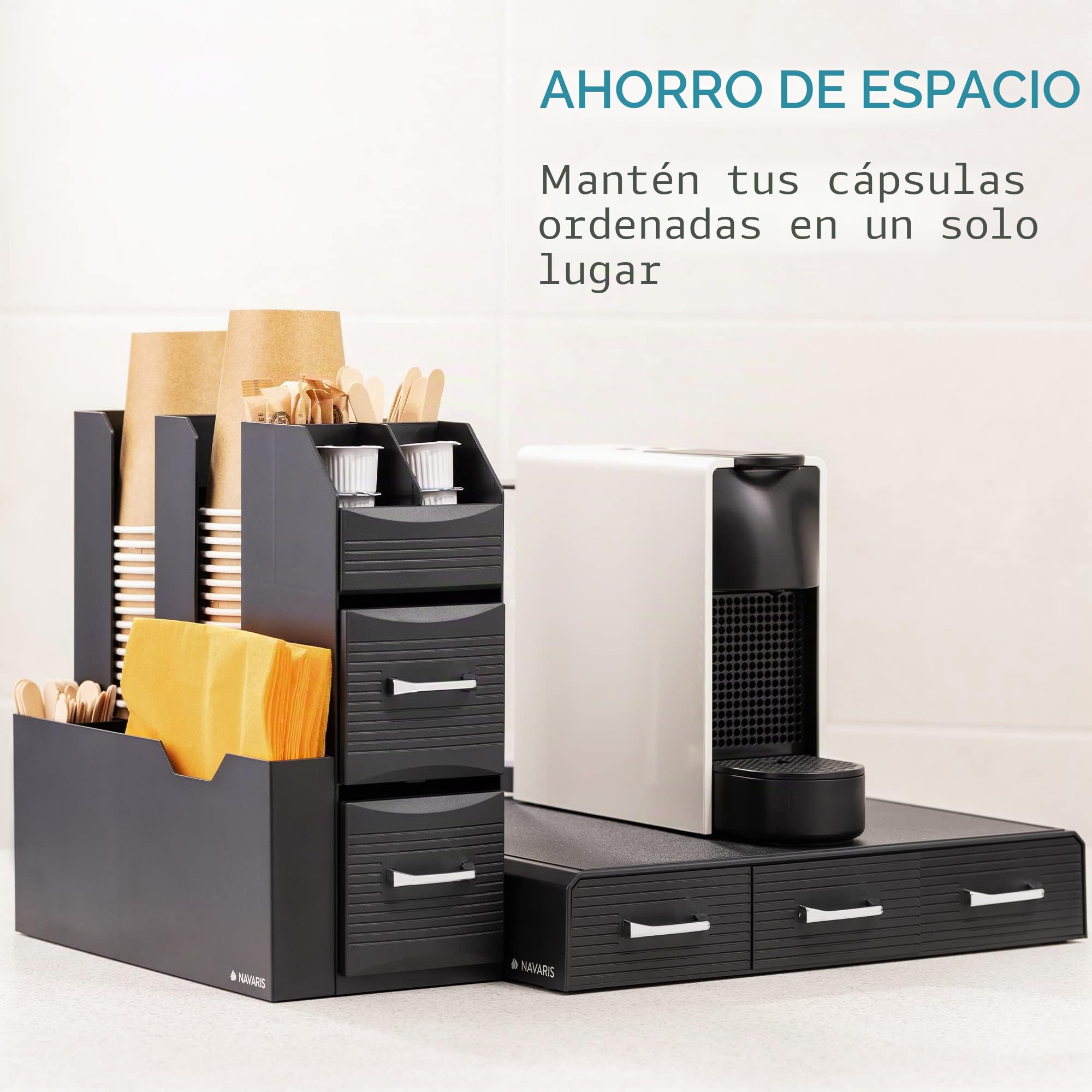 Navaris Organizador café - Set Organizador de café con 1x cajón dispensador capsulas y 1x estación para Accesorios Vasos cucharas azúcar - Organizador de Cafe para Oficina