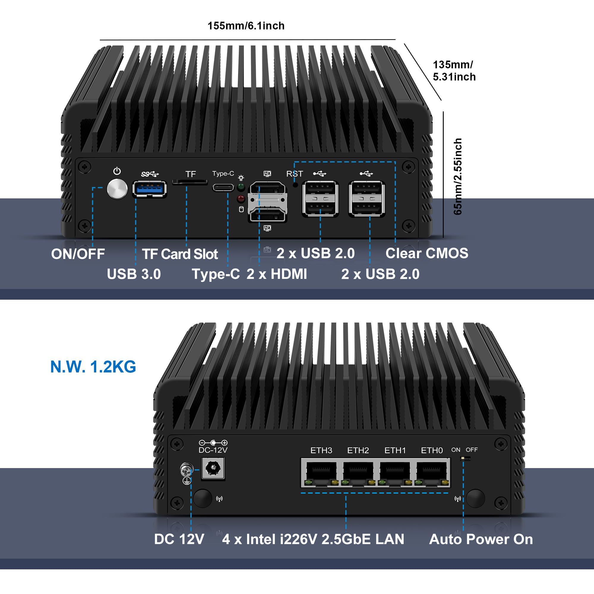 CWWK Mini PC Firewall, 4 x 2.5GbE LAN, Celeron J6413, Fanless Mini Computer, OPNsense Micro Appliance Hardware, 8GB RAM 128GB NVMe SSD, 2 x M.2, USB-C, 2-SATA, TF, AES-NI