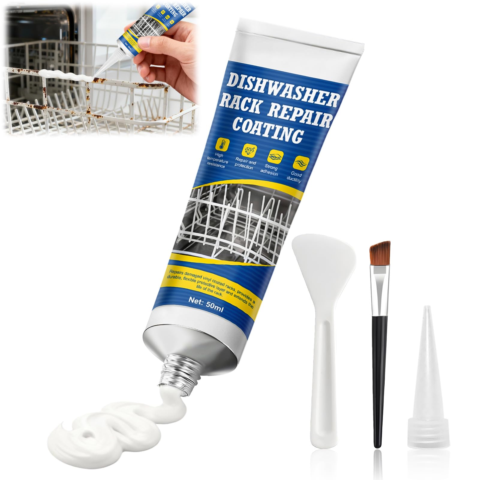 WEILAOK Spülmaschinenkorb Rost Reparatur, Geschirrspüler-Korb reparatur Gummi, Dichtungsmasse Wasserdicht, Rostfrei, Hochtemperaturbeständig, Speziell für Reparaturs des Geschirrspülerkorbs, Weiß-50ml