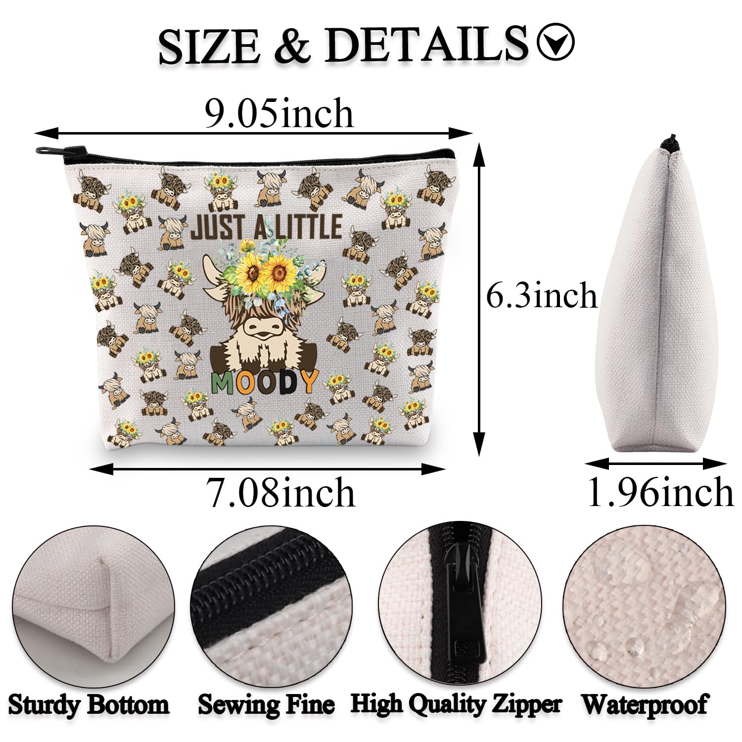 PLITI Highland Cow Lover Gifts Just a Little Moody Highland Cow Makeup Bag for Scottish Highland Cow Fan Gift Cow Mom Gift (Little Moody Cow bagU) - Image 2