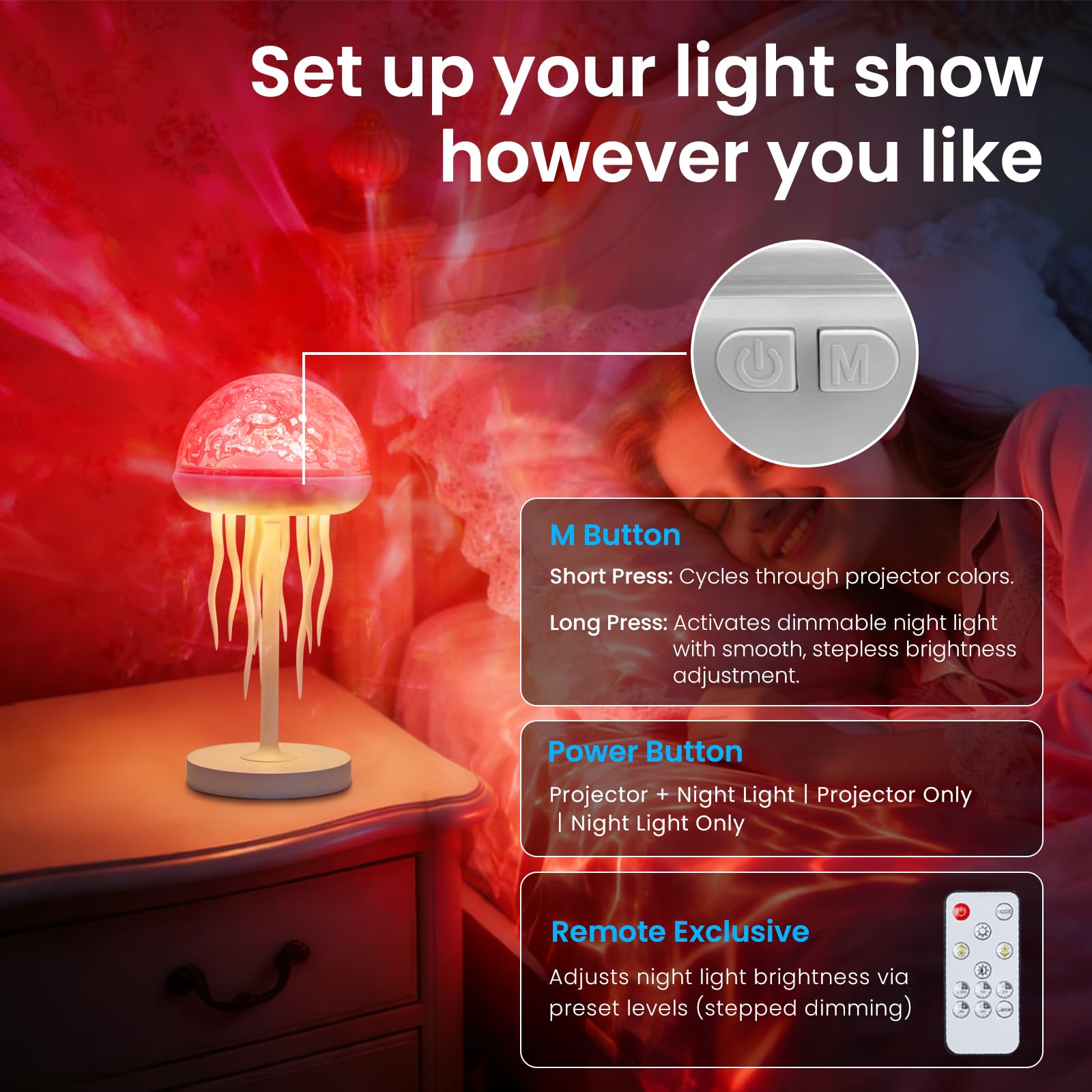 Lampada medusa e proiettore oceano, luce ricaricabile 2 in 1 | gelatina pesce luce lampada oceano onda proiettore acqua ondulazione lampada onda lampada oceano camera arredamento