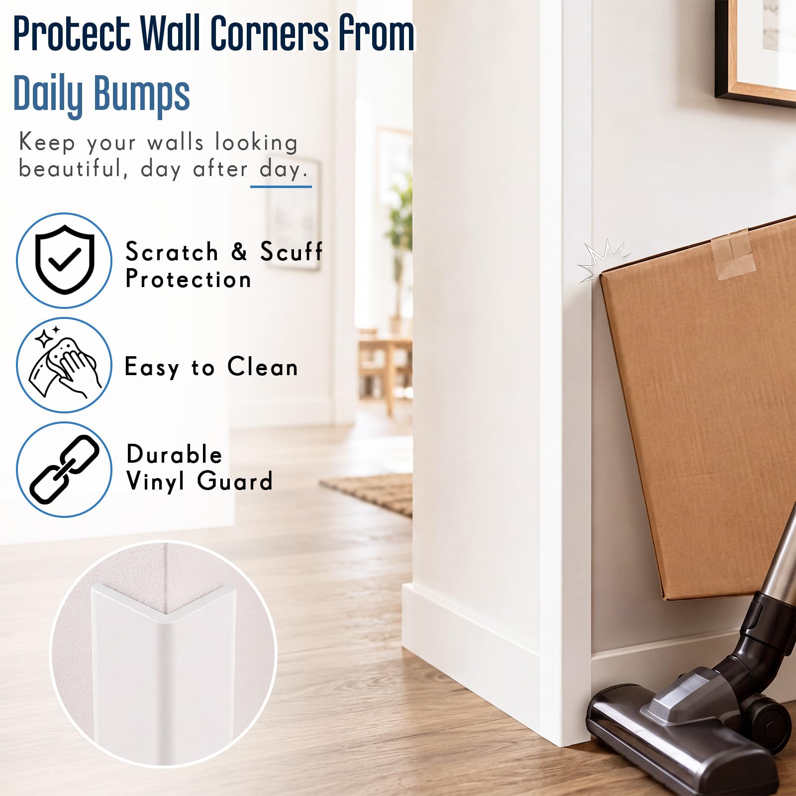 Sasylvia 10 protectores de esquina de pared de vinilo de 1-1/8 x 48 pulgadas para evitar arañazos en las esquinas para puertas, mesas, encimeras, muebles, protección de bordes, color blanco