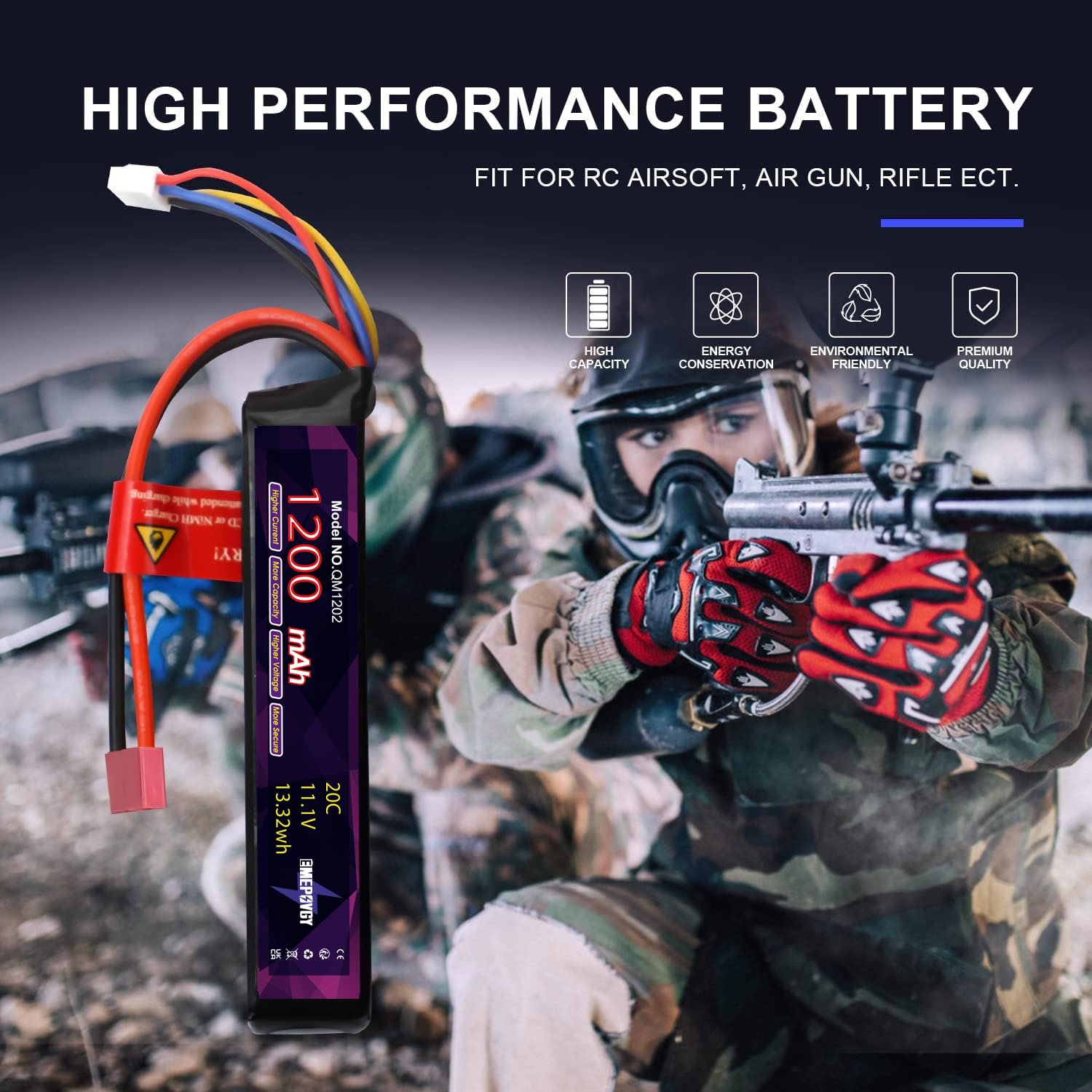 3S Lipo Airsoft Battery 2096 - Batteria ricaricabile ai polimeri di litio da 11,1 V, 1200 mAh, 20C, con spina a T, per fucili da softair - 2096
