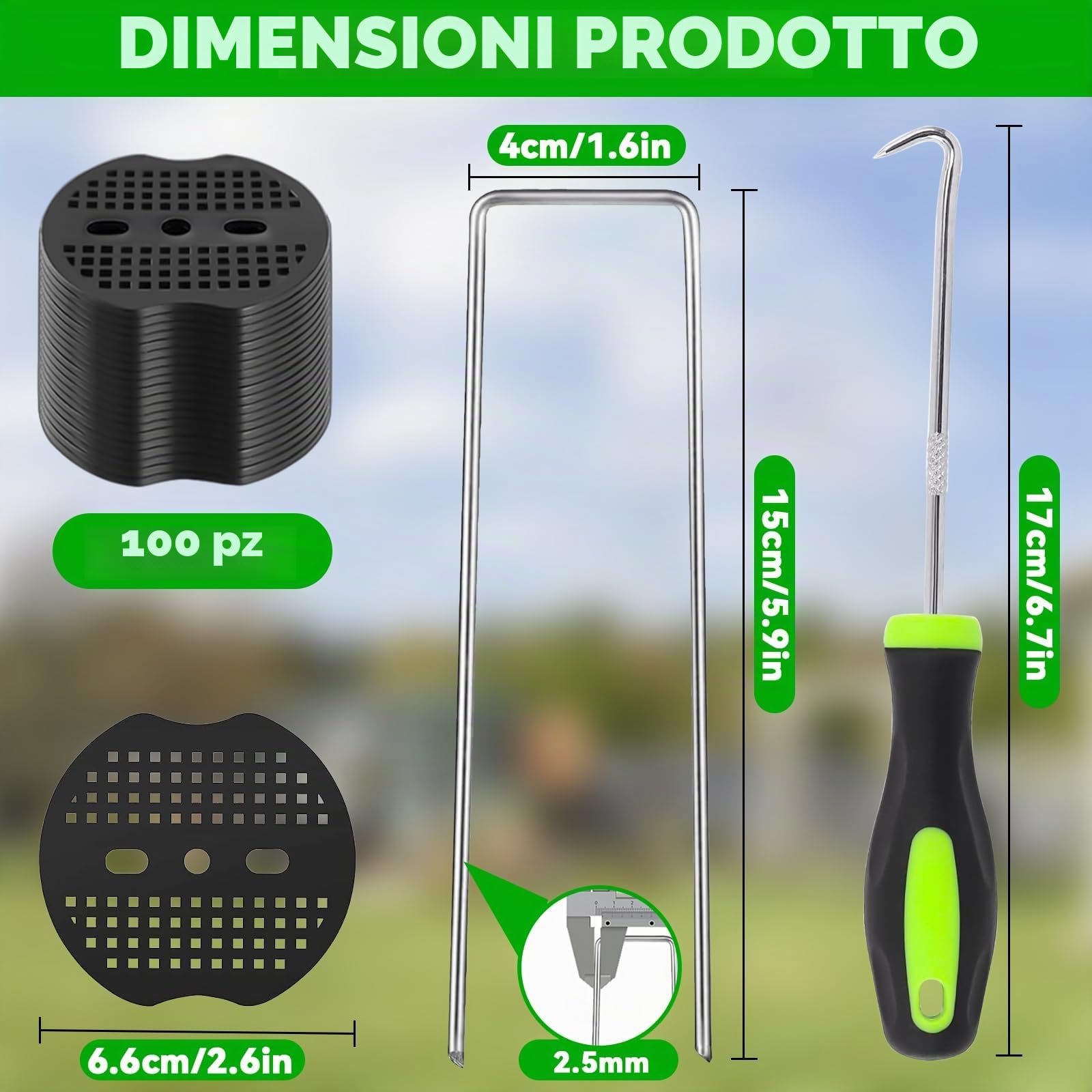 Picchetti Giardino, Picchetti Telo Pacciamatura, 100 Unità + 100 Rondelle +1 Gancio, 150x30x3mm, Da Campeggio, Tenda, in Acciaio, Erba Artificiale, Fissaggio per Campeggio