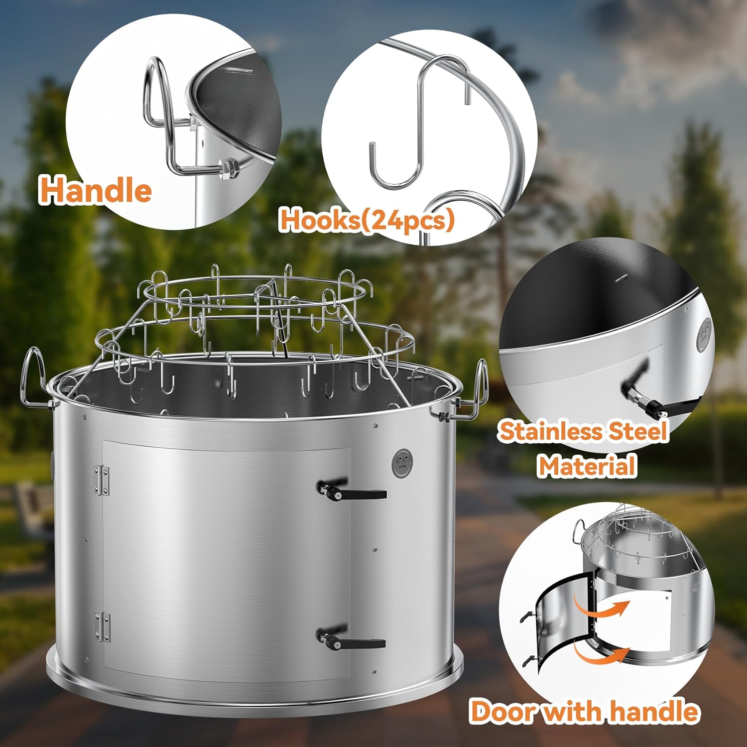 Charkettle Stainless Steel Grill Smoking Kit, with 3-Tier Rib Hanger and Openable Door, Compatible with Weber 22 inch Kettle Grills - Convert Your Kettle into Smoker