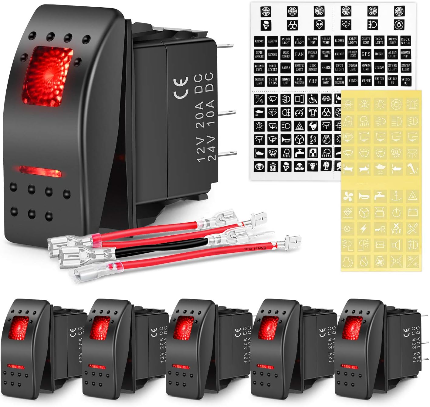 Nilight 6 Pack Rocker Switches with Night Glow Stickers 5 PIN SPST Rocker Switches with Red Backlit 12V/24V Toggle Switches for Cars Trucks RVs Boats Auto Motorcycles,2 Years Warranty