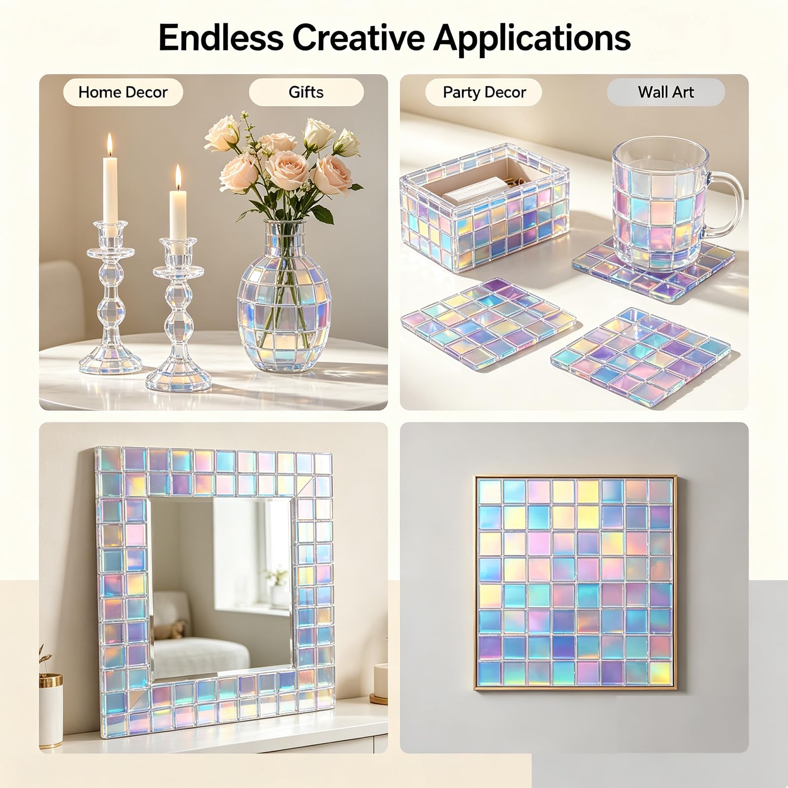 100PCS Rainbow Holographic Acryl Mosaiksteine Zum Basteln,2*2CM Irisierende Acrylquadrate, Quadratische Schillerndes Holografische Mosaikfliesen für Teller Bilderrahmen,Blumentöpfe und Dekoration