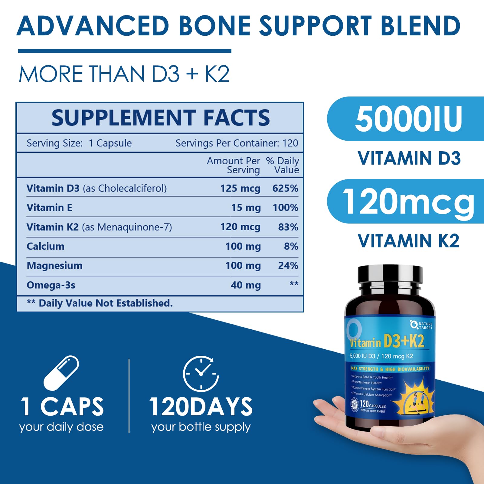 NATURE TARGET Vitamin D3 K2 with Calcium & Magnesium, 120 Servings — Amazon image 2