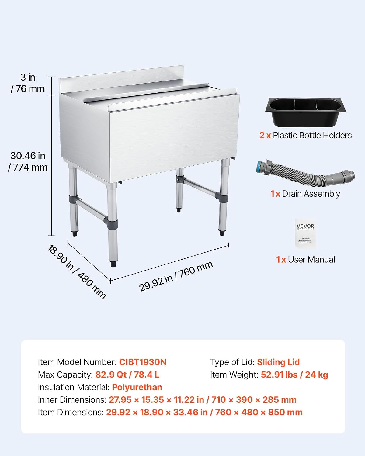 VEVOR Commercial Ice Bin,19 Inch Stainless Steel Ice Chest with Sliding Lid and Bottle Holders, Cooler Cart Cocktail Unit for Bar Restaurant Pub, NSF Certified