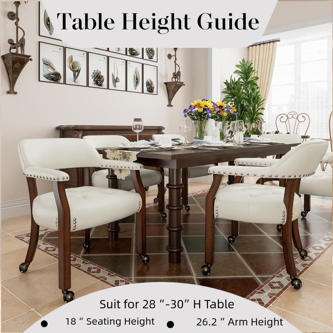 LEEMTORIG Large Dining Chairs with Casters and Arms, Rolling Dining Chairs with Wheels, Accent Game Poker Chairs, Wood Boss Caption's Chairs, 26“Dx25.2 Wx31.5“H, Cherry Legs & Ivory PU, SY-1533-WT