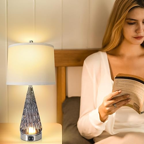 Miniatura 5 de Juego de 2 lámparas de mesa para sala de estar, lámpara de noche de cristal moderna con puertos USB, lámparas de mesita de noche regulables de 4