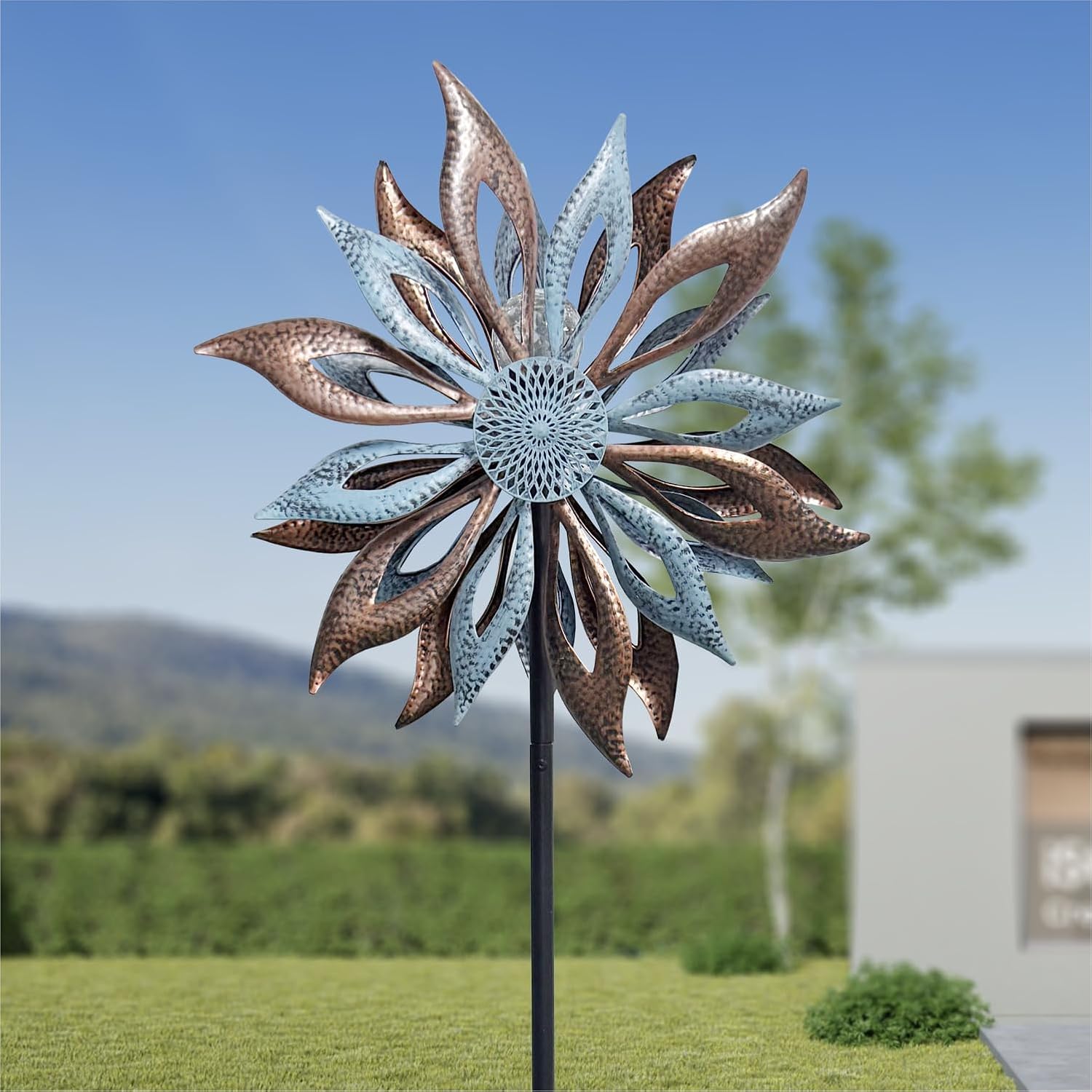 Outdoor Wind Spinner with Garden Stake 62.99" Metal Two-Way Wind Sculptures Solar Color Changing Lights Large Windmills for Garden,Patio,Yard,Lawn Decor Gifts Blade