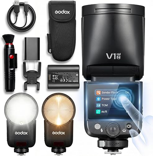 Godox V1 MID N Flash for Nikon, 55W Round Head Speedlite Touchscreen,Upgrade 24mm, 650+Full Power Pops,1.7s Recycle, TTL/HSS 1/8000s V1MID Lightweight Travel Flash for Nikon Zf Zfc Z6II Z8 Fits AK-R1