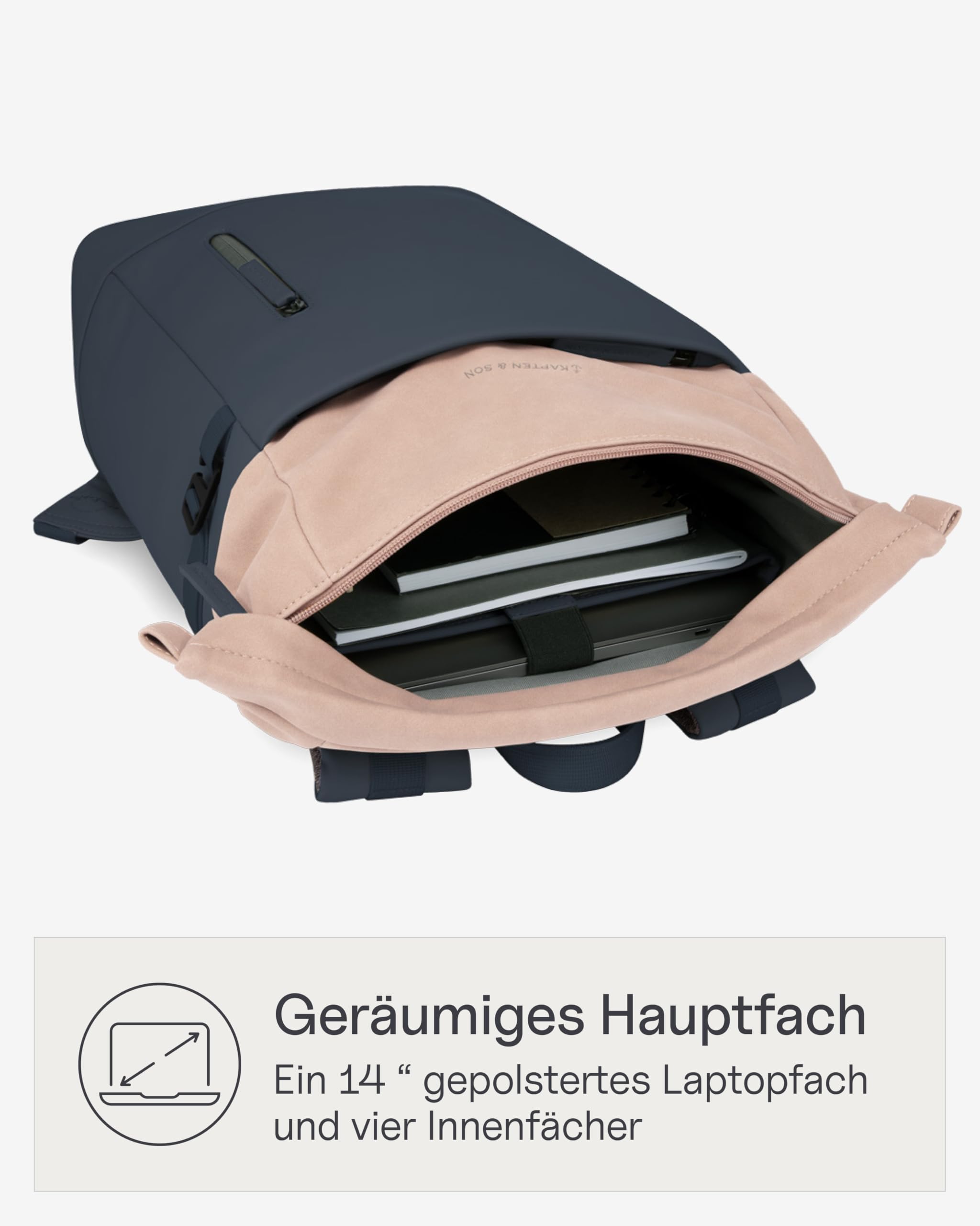 Kapten & Son Rucksack Aarhus Navy Blush 14 L | Rucksack Damen & Herren Blau | Rolltop mit 14" Laptopfach | Backpack ideal für Reisen, City, Uni, Arbeit | wasserabweisend