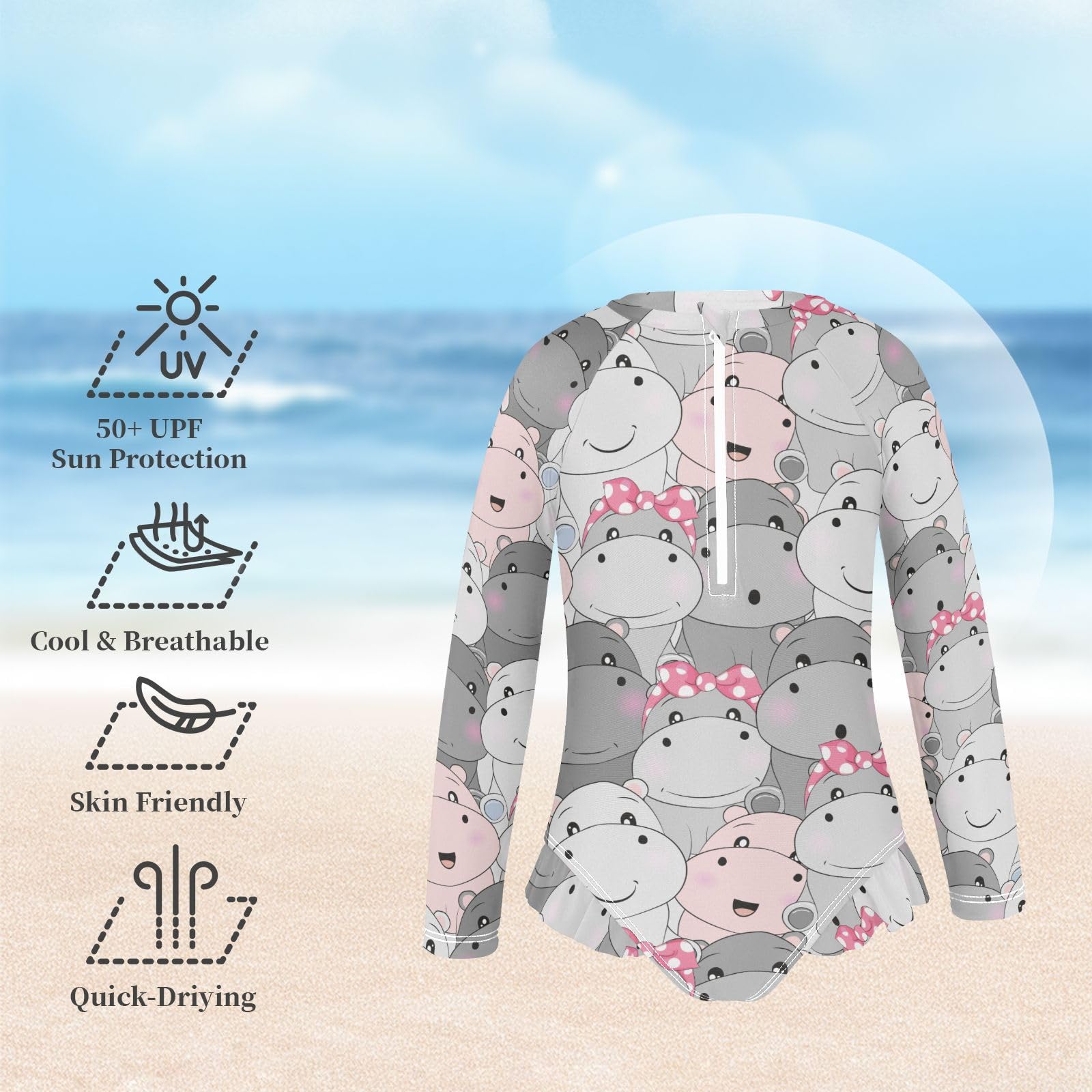 susiyo Cute Baby Hippo Girls Long Sleeve One Piece Swimsuits Rash Guard Bathing Suit UPF 50+ Zipper Girl Swimwear