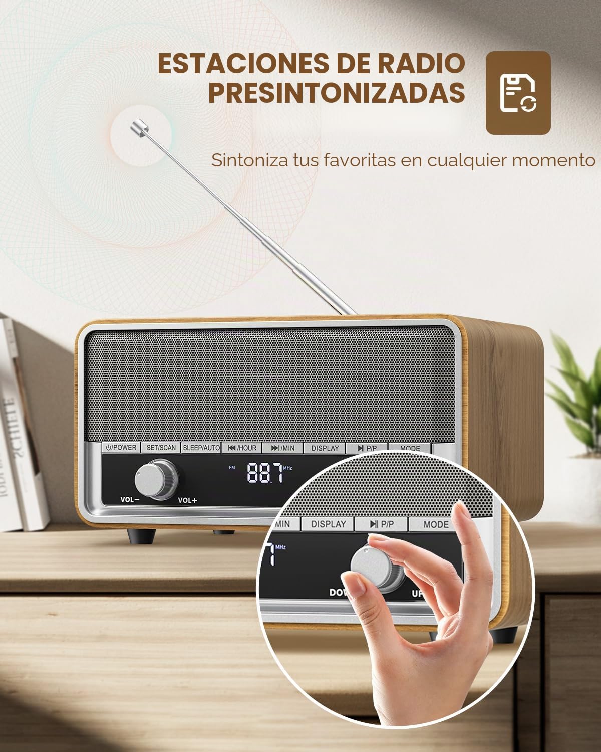 Radio retro AM FM con enchufe de pared digital para dormitorio con pantalla LCD, 40 preajustes, temporizador de apagado, altavoz retro Bluetooth para oficina, gran regalo de madera