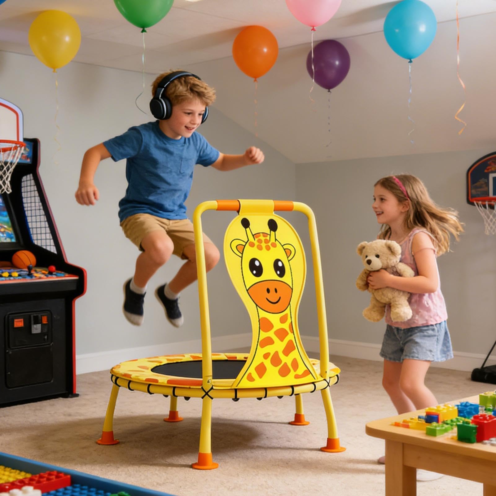 Trampolino Per Bambini Attrezzatura Per Fitness Con Motivo Giraffa Da 100 | con Maniglione in Schiuma Capacità 200 kg Trampolino per Bambini di 1-6 Anni Fitness Salto in Giardino