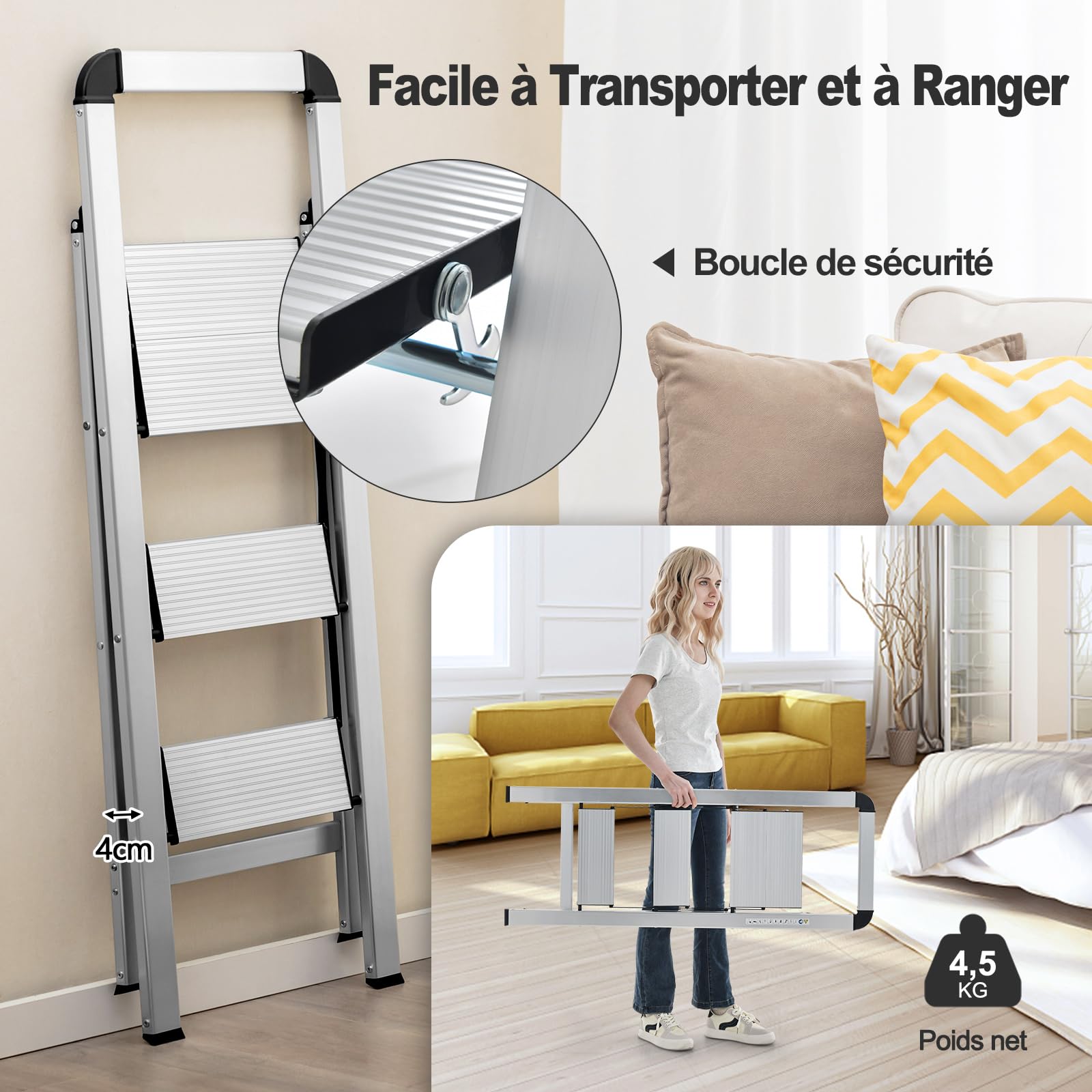 GYMAX Escabeau 3 Marches Pliable, Charge 150 kg, Marchepied en Aluminium, avec Pédale Large & Pieds Antidérapants, Portable & Léger, pour Maison, Bureau, Garage