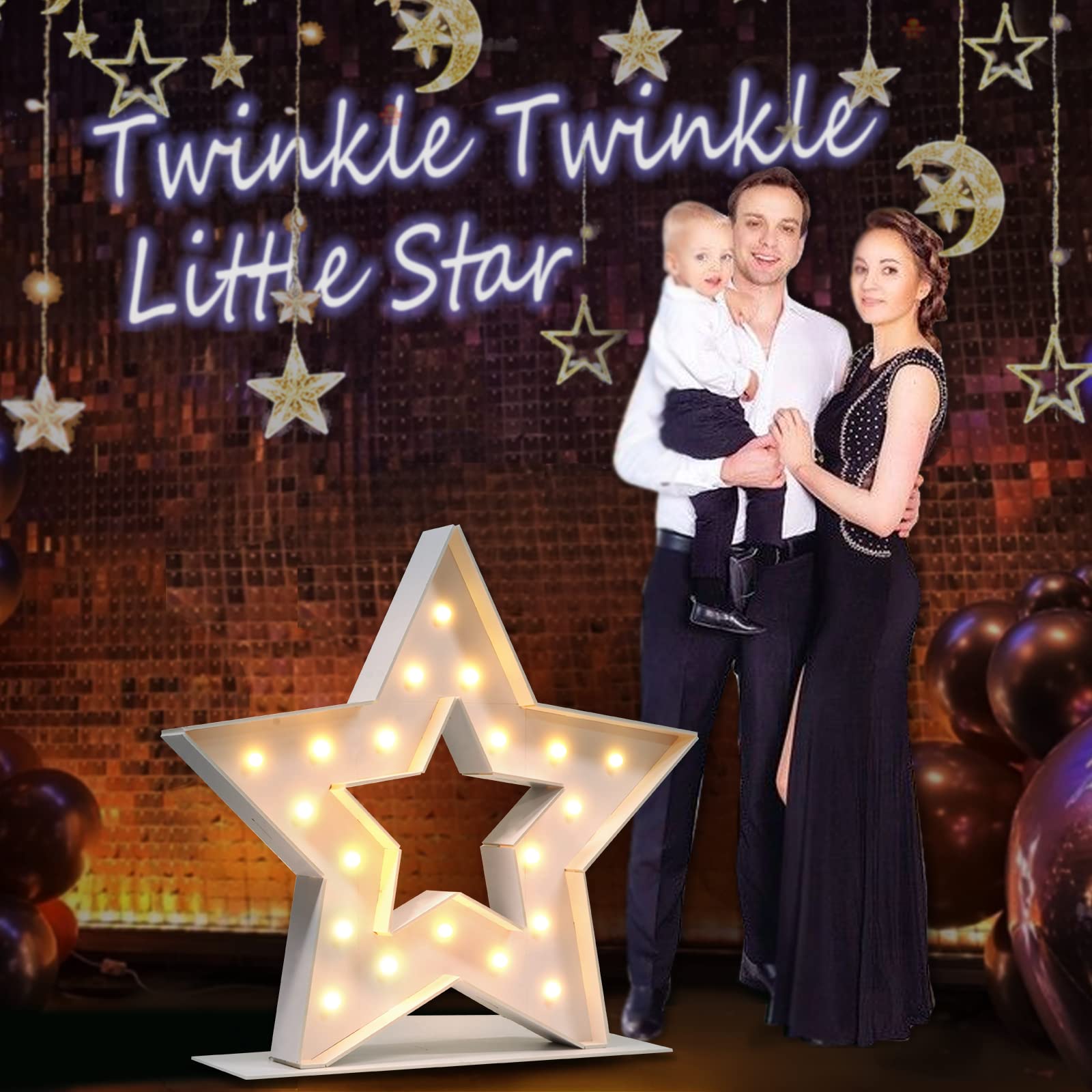 Twinkle Twinkle Little Star Baby Shower Decorations, Marquee Light Up Letters Star Lights for Full Stars Decor, Moon and Stars Decor 3FT Star Light Up for 4th of July, Birthday Party, Engagement