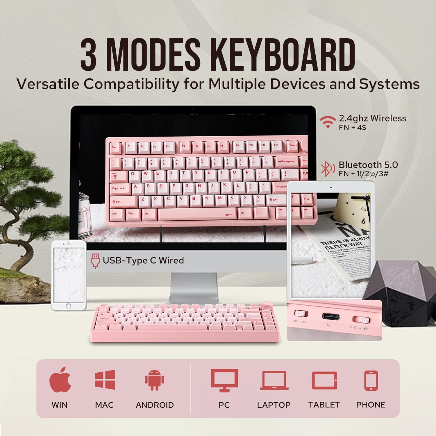 KiiBoom Moonshadow V2 75% Wireless Aluminum Gaming Keyboard, QMK&VIA Programmable, BT5.0/2.4GHz/USB-C, Hot-Swappable Creamy Mechanical Keyboard with FR4 Plate, Knob, 4000mAh Battery (Pink)