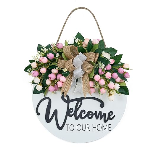 3D Spring Summer Welcome Wreaths for Front Door, Wood Door