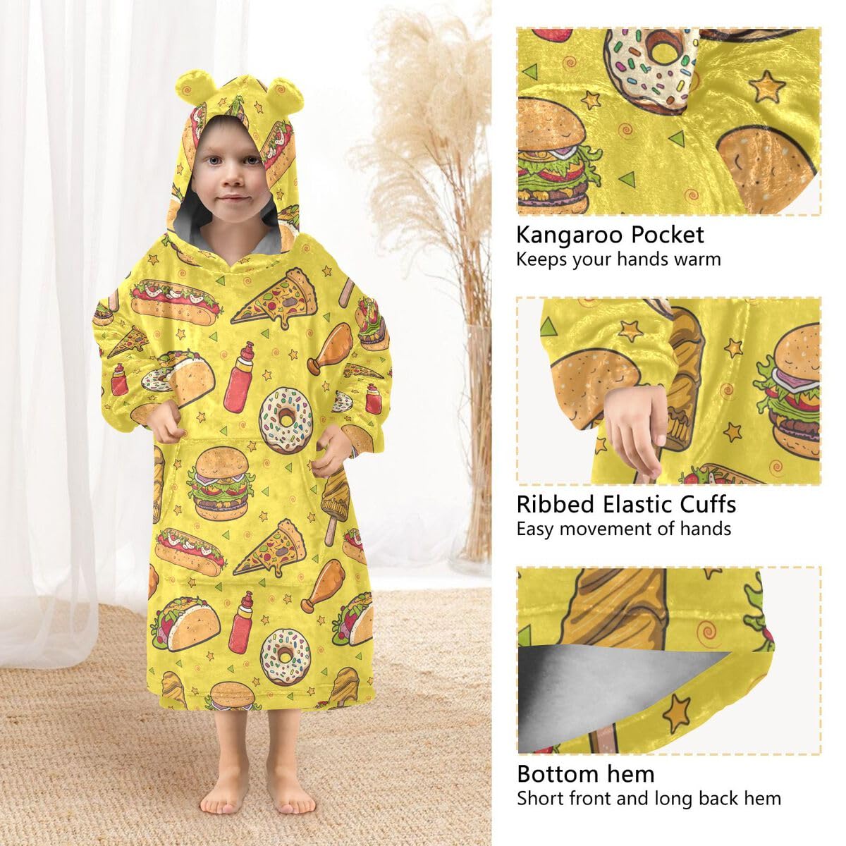 Fast Food Donut dziecięcy koc do noszenia z kapturem oversize bluza koc sweter żółty dla chłopców i dziewcząt w wieku 3-14 lat