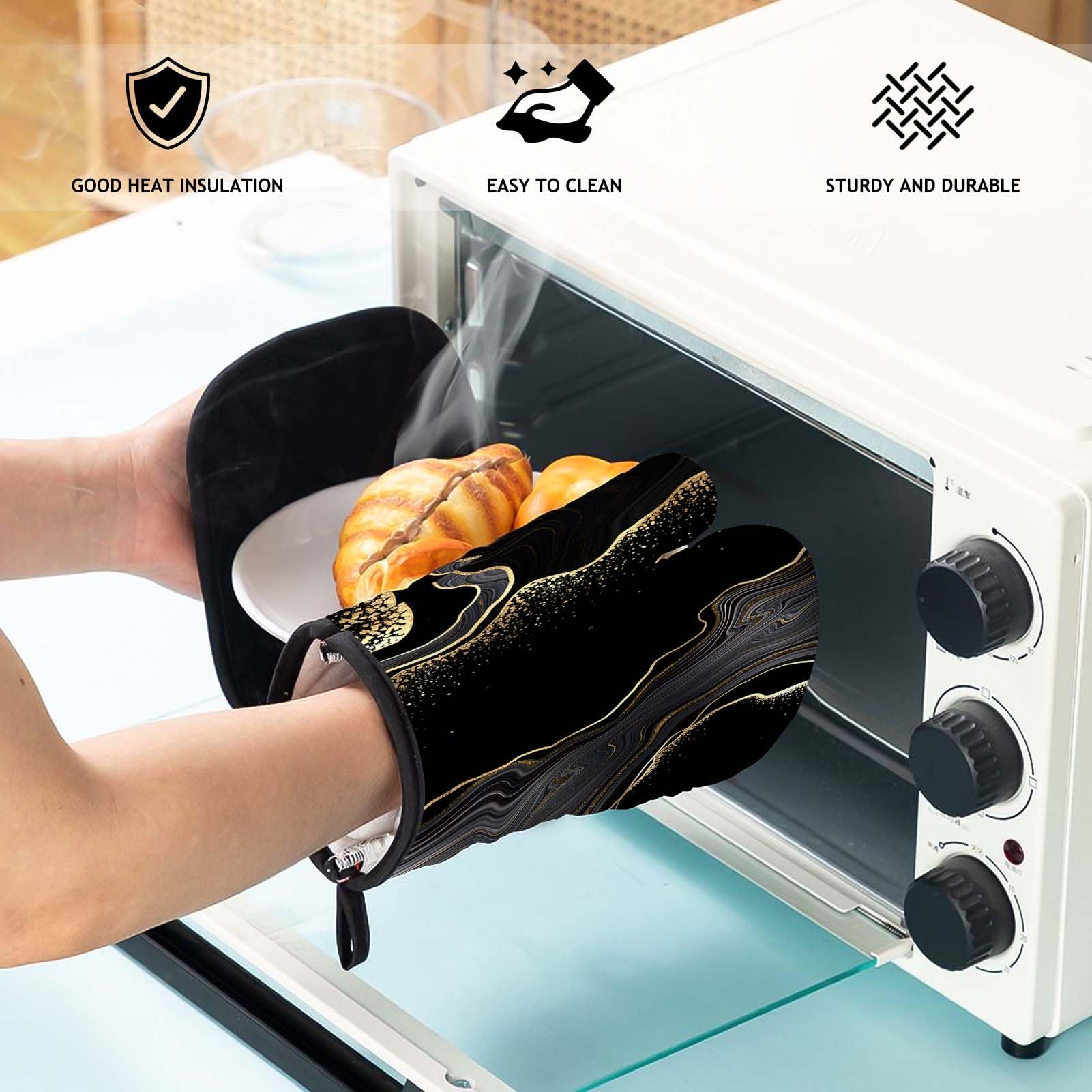 MCALK Juego de 5 guantes de horno negros y soportes para ollas, guantes de horno de mármol y almohadillas calientes para cocinar en la cocina, el manopla de horno de arte moderno es funcional y