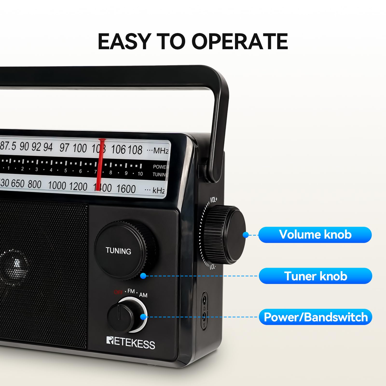 Retekess TR633 Radio Portable, Poste Radio, AM FM, Excellente Réception, Gros Boutons, Secteur ou Piles, Prise Casque 3,5 mm, Adapté aux Personnes âgées, Cuisine, Chambre