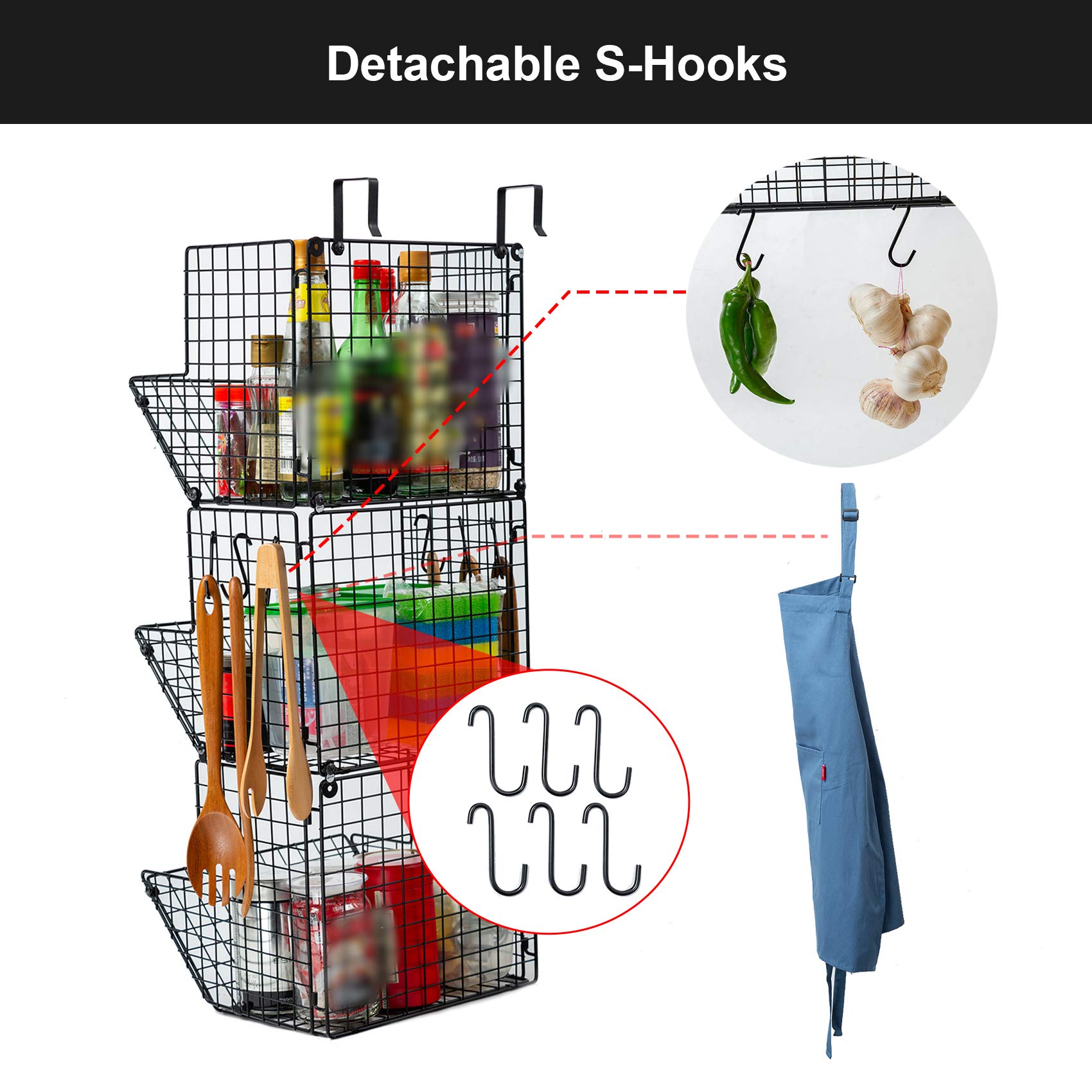 ACAGALA Estantería de pared de alambre de hierro de 3 niveles, cesta de almacenamiento montada en la puerta con ganchos y cinta adhesiva que no deja residuos, estante de cocina para frutas, toallas y