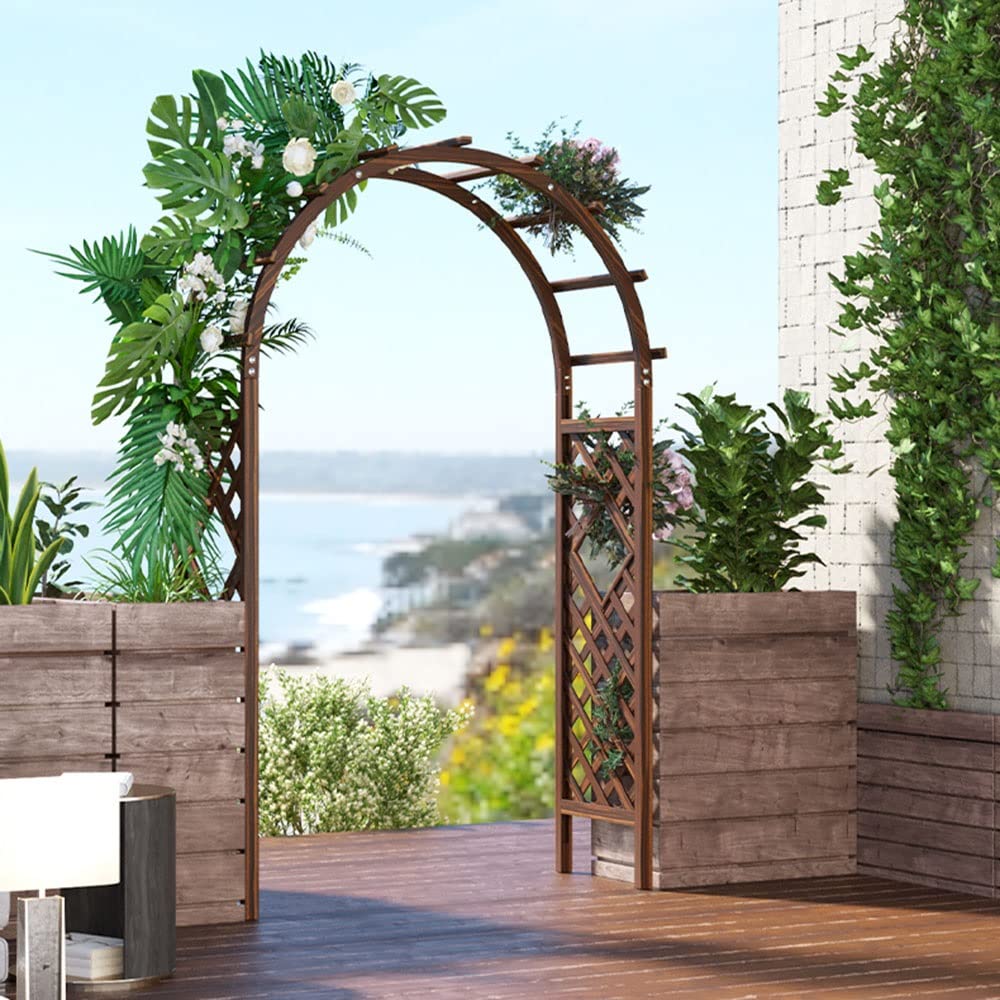 Drewniana pergola ogrodowa w kratę, brązowo-biała altana do roślin pnących, łatwy montaż, kwiat róży, łuk ślubny, idealna na przyjęcia weselne i winorośl