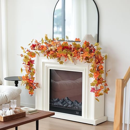 Miniatura 6 de MIZII Decoración de otoño artificial con hojas de arce y calabaza, guirnalda de 6 pies con vides falsas de otoño, decoración de Acción de Gracias,
