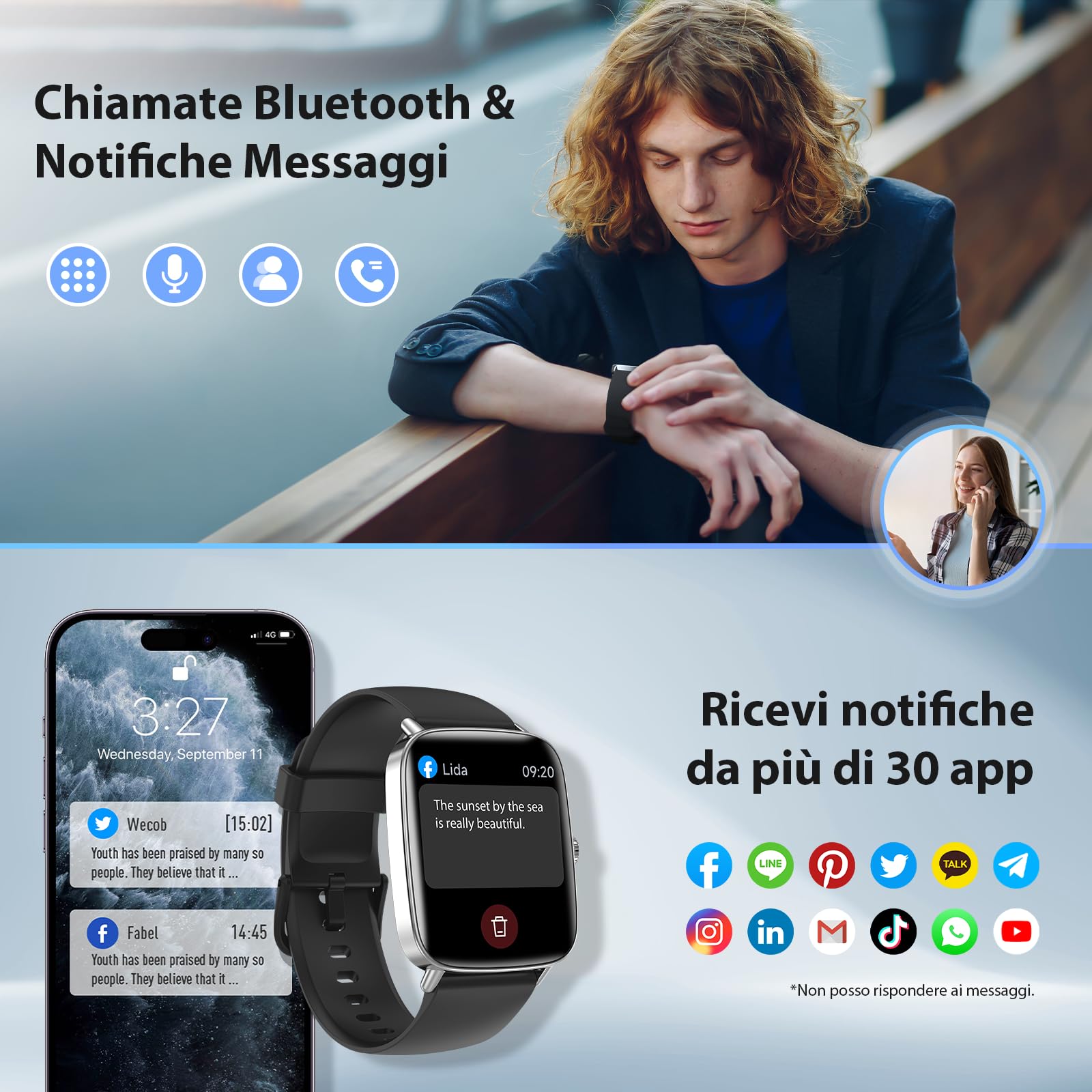 Smartwatch Uomo Donna, 1.85" Orologio Smartwatch con Chiamate e Notifiche WhatsApp, Fitness Tracker con Contapassi Sonno SpO2 Cardiofrequenzimetro, 110 Sportive, IP68 Smart Watch per Android iOS Nero