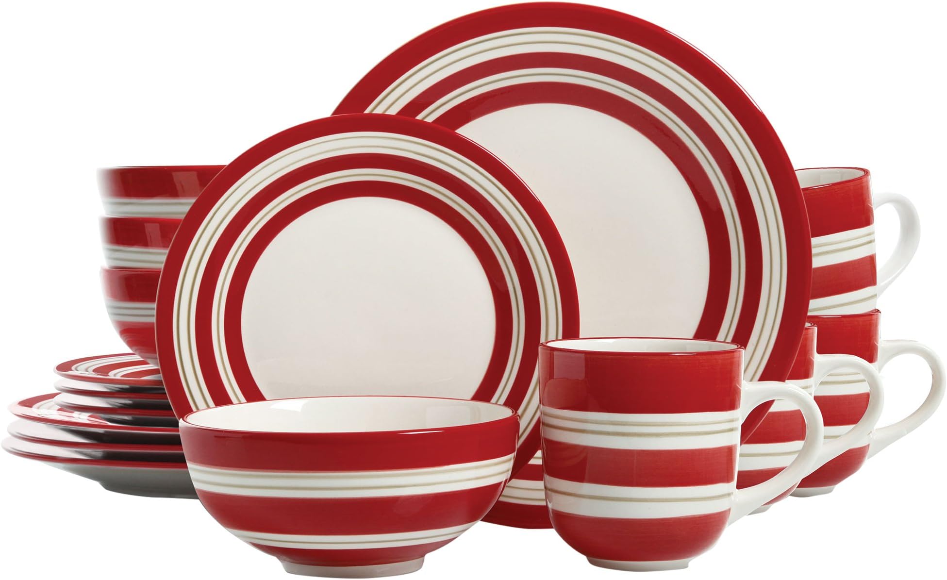 Gibson Studio Sunset Stripes 16 Piece Dinnerware Set, Red