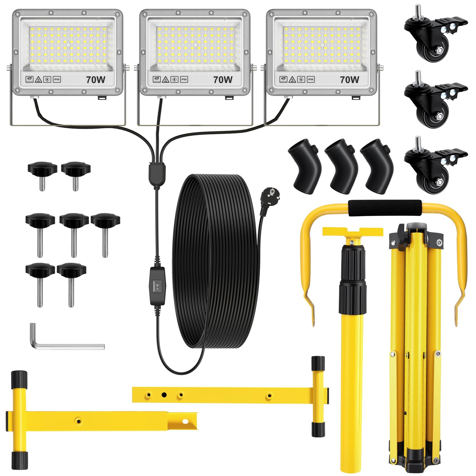 AUTOUTLET 3x 70W 23504LM Faro da Cantiere con Treppiede Allungabile e Ruote | Faretto Led da Esterno con Interruttore e Cavo di Alimentazione da 5 M,IP66 Impermeabile,per Garage Officina Campeggio