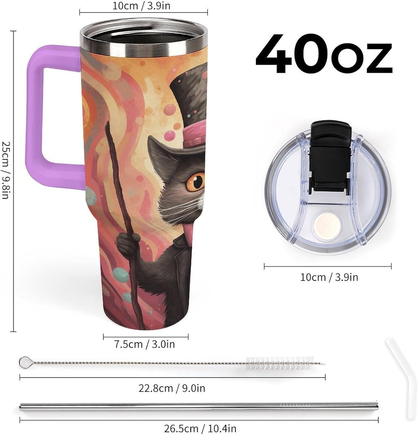 Large Car Cup with Handle&Lid Fashion Cat Holding A Cane Tumbler Sturdy Insulated Water Bottle Stainless Steel Vacuum Travel Mug Portable Coffee Cup for Home Outdoor 40 Oz Violet-style