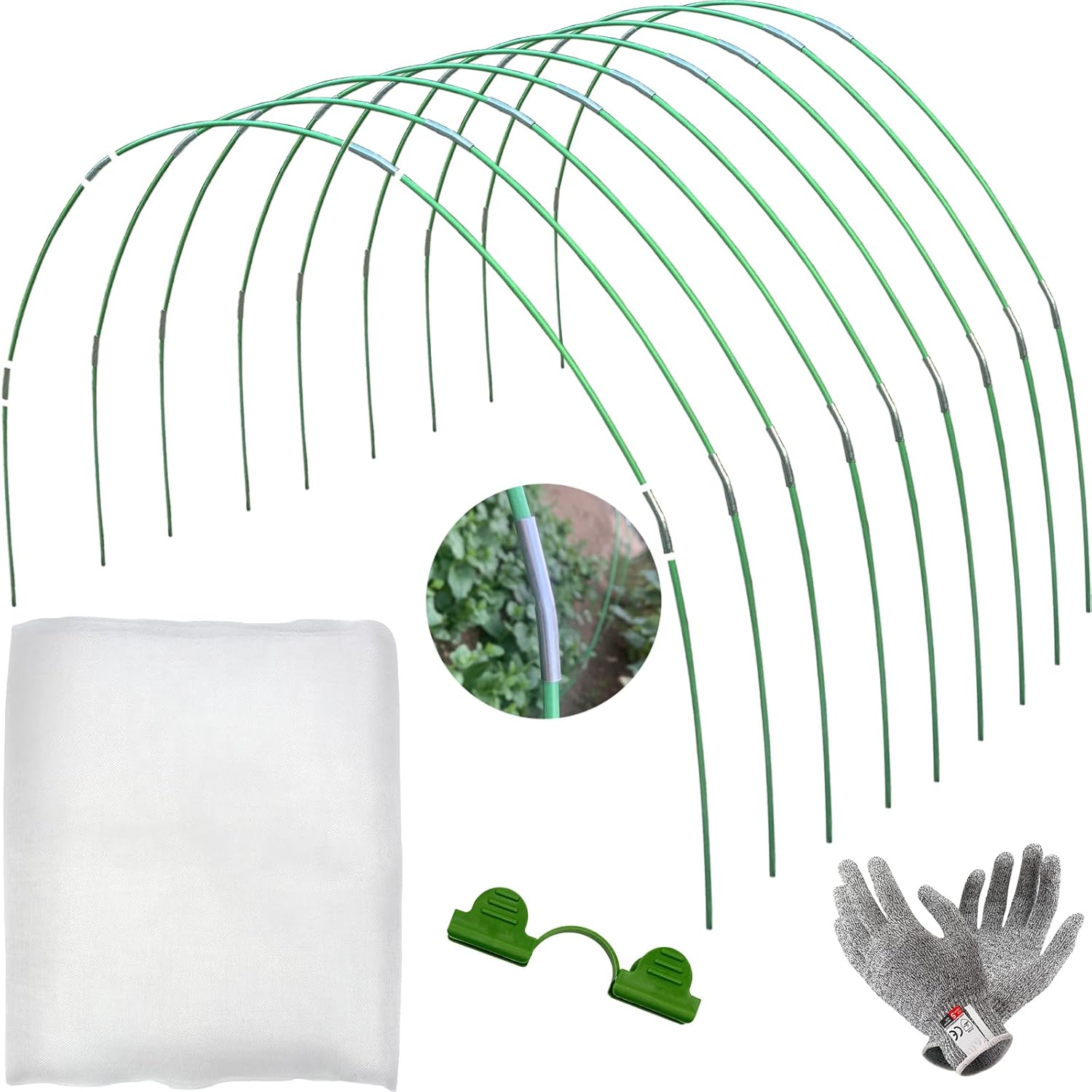 Garden Mesh Netting Kit, 10x20ft Plant Cover with 48pcs Rust-Free Green Fiberglass Greenhouse Hoops, Garden