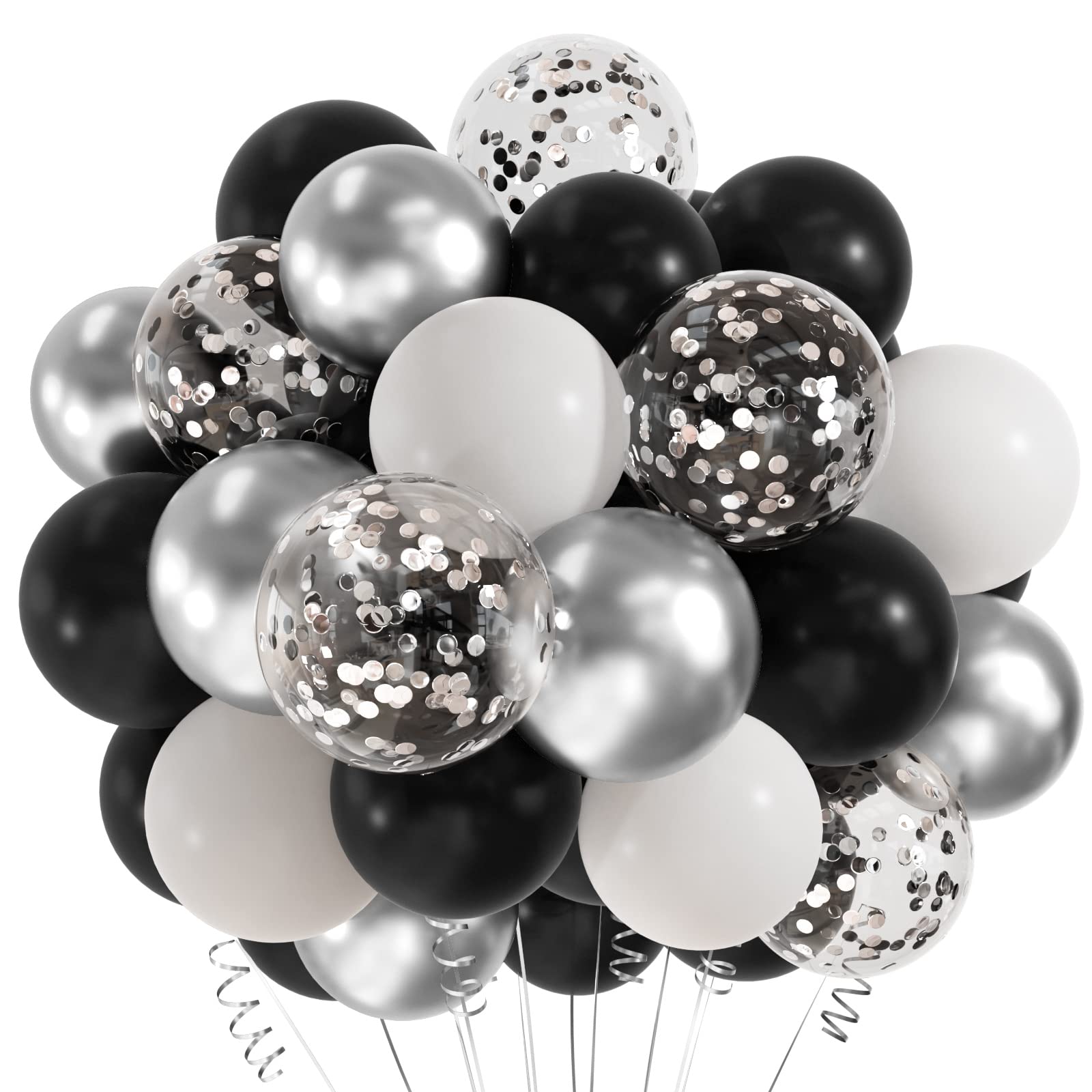 CHRORINE Paquete de 50 globos de confeti negro y plateado de 12 pulgadas, globos de fiesta blanco, negro y plateado para cumpleaños, boda, aniversario, fiesta, decoración de graduación