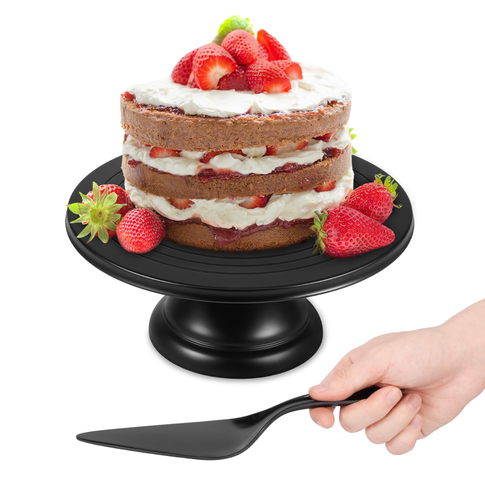 12 Inch Cake Stand, Bamboo Fiber Round Dessert Display Tray with Cake Spatula, Baking Supplies for Cakes Making, Afternoon Tea Table Snack Pan for Party Baby Shower Wedding Birthday(Black)