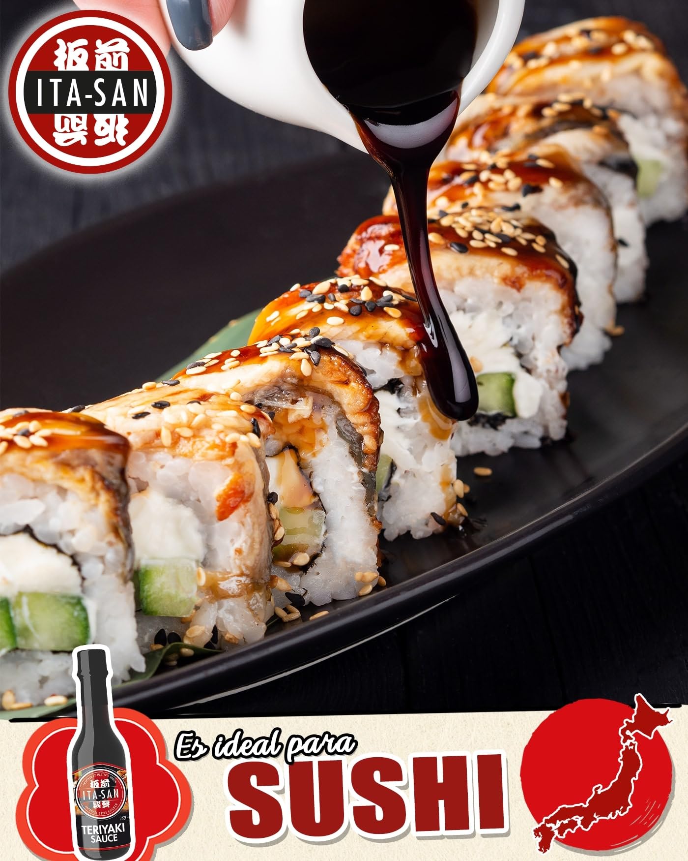 ITA-SAN Salsa Teriyaki, salsa sazonadora con aromas orientales, para platos asiáticos o como salsa para sushi, 12 x 150 ml