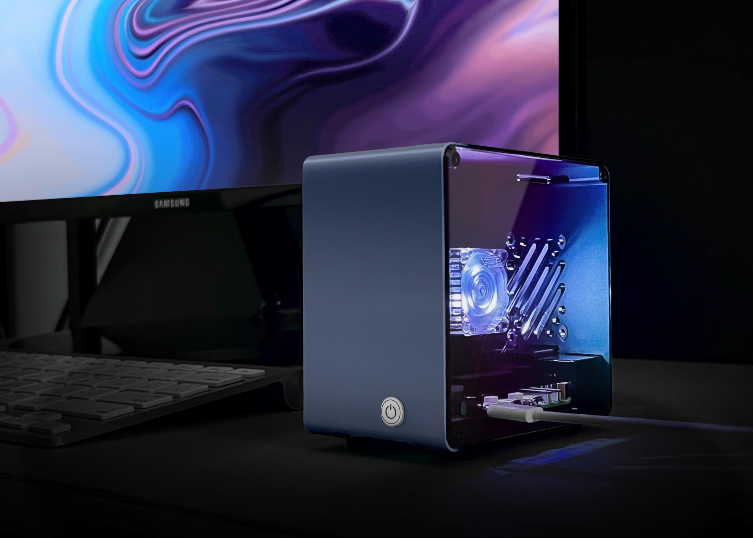 ElectroCookie Boîtier pour Raspberry Pi 5, mini tour en aluminium avec ventilateur de refroidissement et lumière ambiante changeante de couleur (bleu)