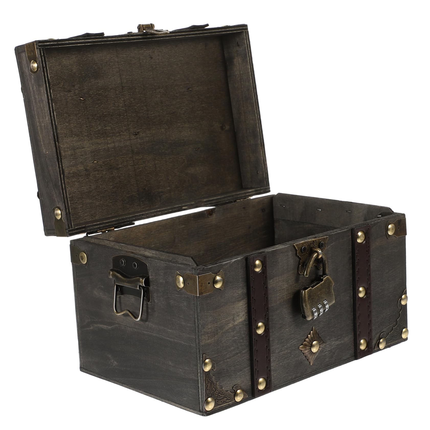 GRIRIW Vintage Pirate Treasure Box with Lock Capacity Wooden Storage Chest for Jewelry Keepsakes Party Decorations for Pirate Theme Halloween Events
