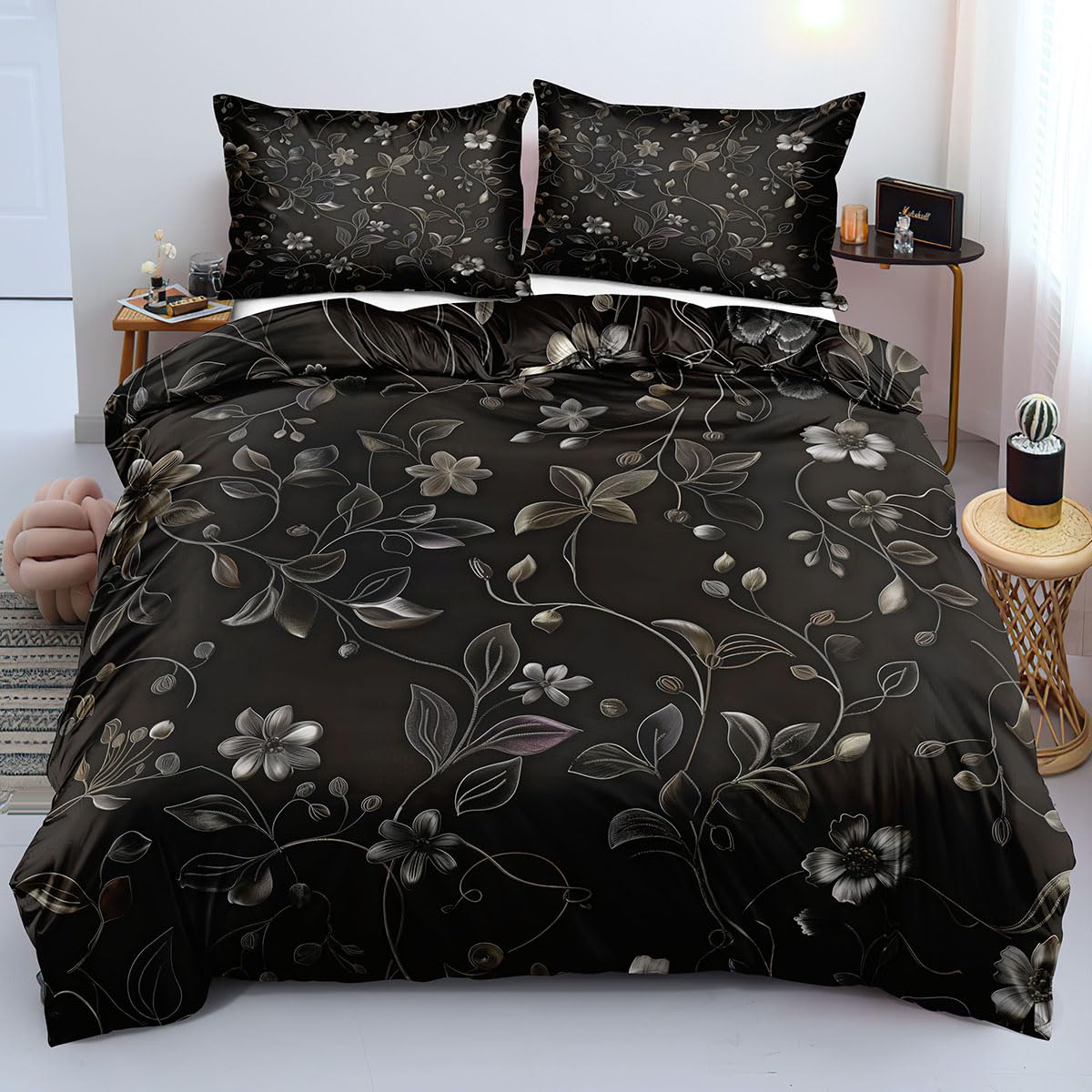 Parure de lit réversible à feuilles de 140x200 cm avec sa taie noire et grise