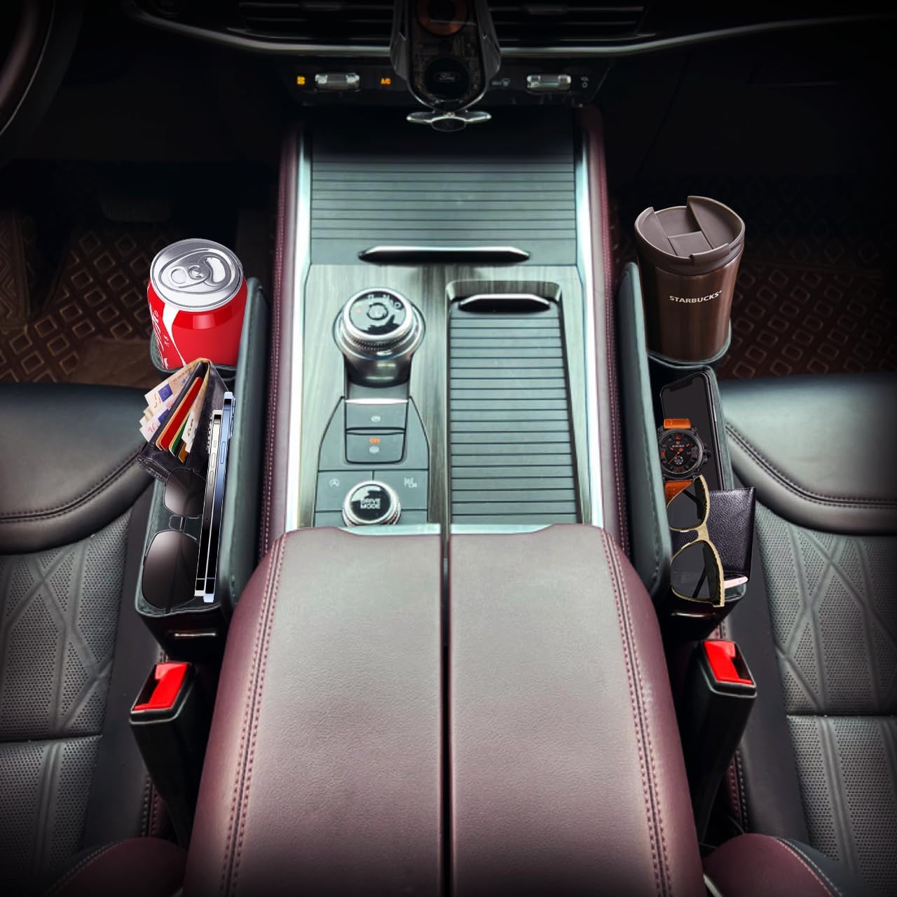 Car Seat Gap Filler & Organizer，2 Pack Black Car Leather Cup Holder Gap Bag,Men Car Interior Accessories，Seat Gap Storage Box for Storage Sunglasses、Phone、Key