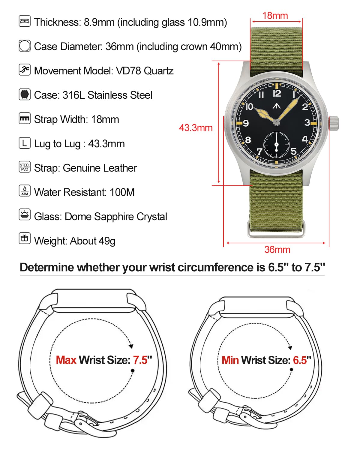 Tactical Frog Militado D12 VD78 - Reloj Militar para Hombre, Cuarzo de Cristal de Zafiro superluminoso, Esfera de 36 mm, Estilo Militar, Resistente al Agua hasta 100 Metros
