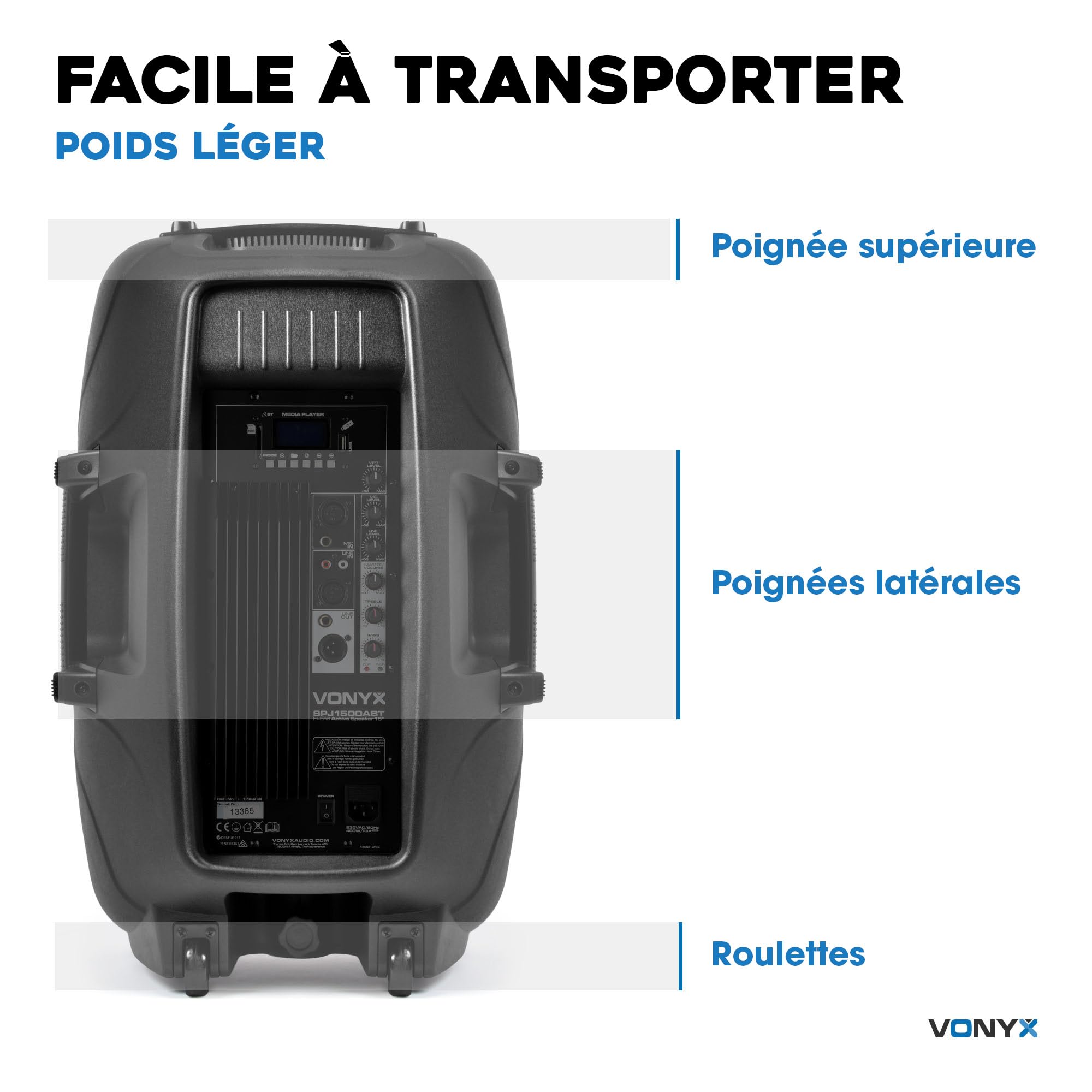 VONYX SPJ-1500A Enceinte Active 15" 800 Watts, Enceinte Amplifiée, Sonorisation Professionnelle, Boitier ABS Solide, Haut-Parleur Mobile, Woofer 15 Pouces, Entrée Ligne Micro