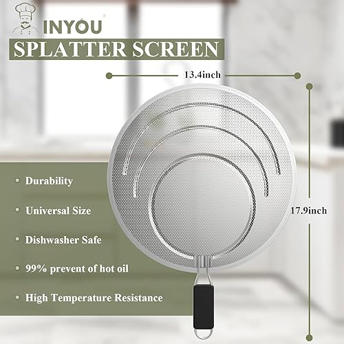 Miniatura 2 de INYOU Pantalla contra salpicaduras para sartén de 13.4 pulgadas, pantalla de salpicaduras de grasa de acero inoxidable para cocinar, resistente al
