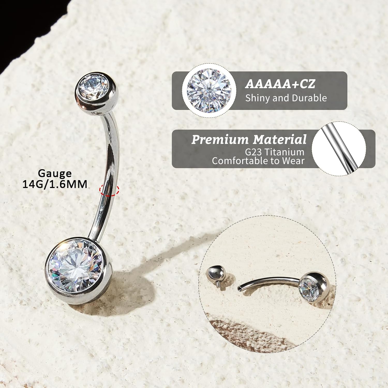 1PC/2PC/3PC G23 Titanium Belly Button Rings 14G 1.6MM Round Cubic Zirconia Belly Rings 6 Sizes of Length to Choose Navel Barbell Belly Piercing Jewelry for Women Men - Image 3